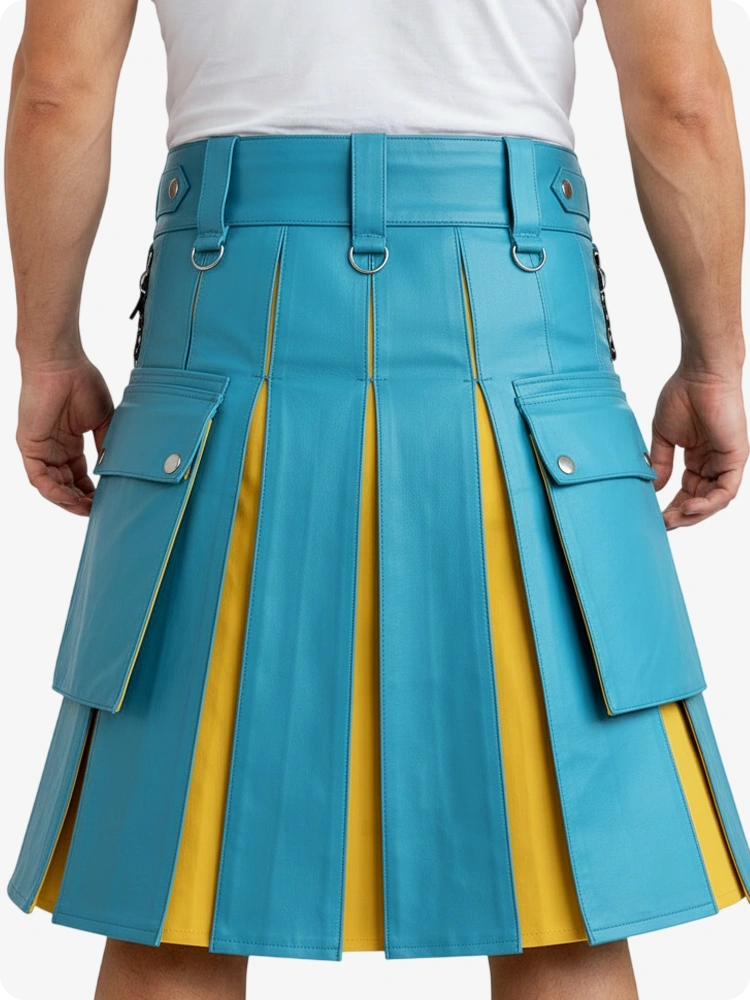 Person wearing a blue and yellow kilt on a white background