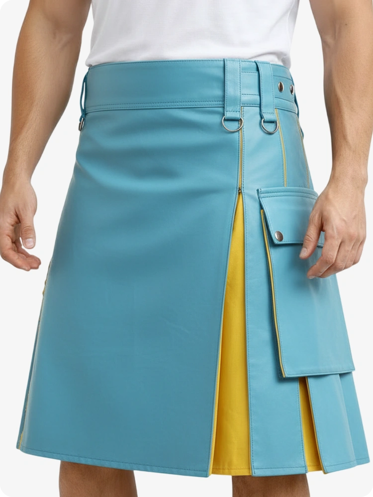 Teal and yellow kilt worn by a person on a white background