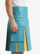 Blue kilt with yellow accents worn by a person on a white background
