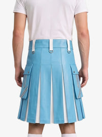 A model shown from the back wearing a light blue pleated faux-leather kilt with white accents, including belt loops, side zipper details, and vertical pleats, paired with a white t-shirt.