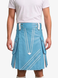 A model wearing a light blue kilt with white geometric stripe patterns, paired with a white t-shirt, shown from the chest down against a light gray background.