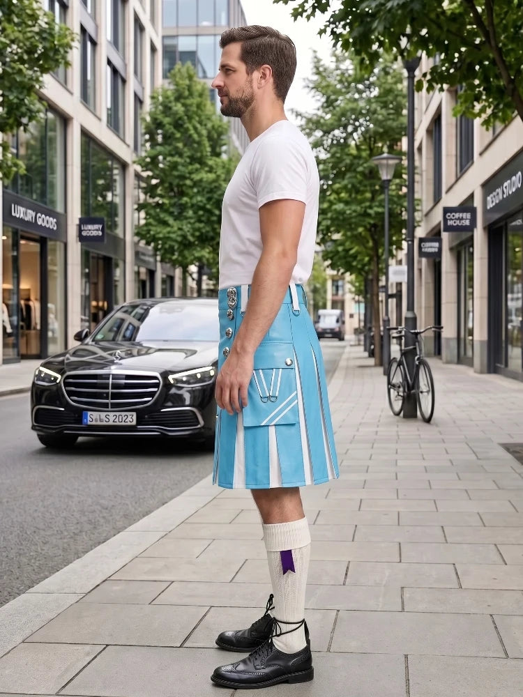 A man standing on a city sidewalk wearing a light blue and white striped kilt, a white t-shirt, white knee-high socks, and black leather shoes. A black Mercedes-Benz car and a bicycle are parked on the street behind him.