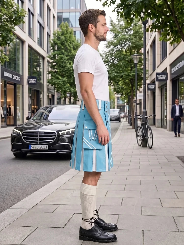A man standing on a city sidewalk wearing a white t-shirt, a light blue pleated kilt with white vertical stripes and flap pockets, cream knee-high socks, and black leather shoes. A black Mercedes-Benz car and a bicycle are parked on the street behind him.