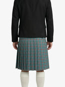 Person wearing a black jacket and plaid kilt on a white background