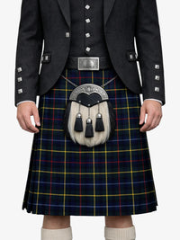 Person wearing a traditional Scottish kilt with a sporran on a white background