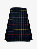 Plaid kilt with black, blue, red, and yellow pattern on a white background