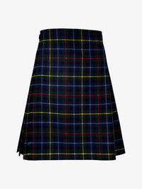 Plaid kilt with black, blue, red, and yellow pattern on a white background