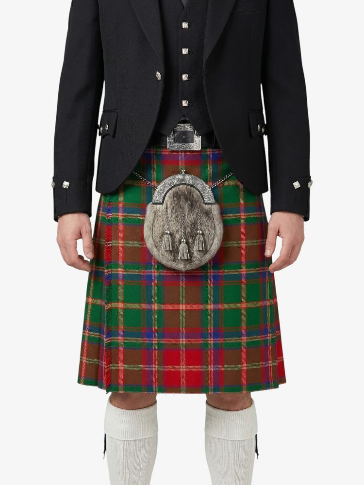 Person wearing a traditional Scottish kilt with a tartan pattern on a white background