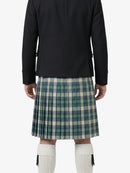 Person wearing a black jacket and plaid kilt on a white background