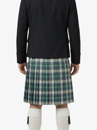 Person wearing a black jacket and plaid kilt on a white background