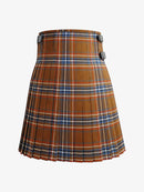 Plaid kilt with brown, blue, and white pattern on a white background