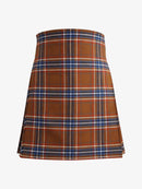 Plaid kilt with brown and blue pattern on a white background
