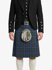 Person wearing a traditional Scottish kilt with a tartan pattern on a white background
