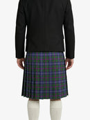Person wearing a black jacket and a green plaid kilt on a white background