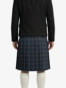 Person wearing a black jacket and plaid kilt on a white background