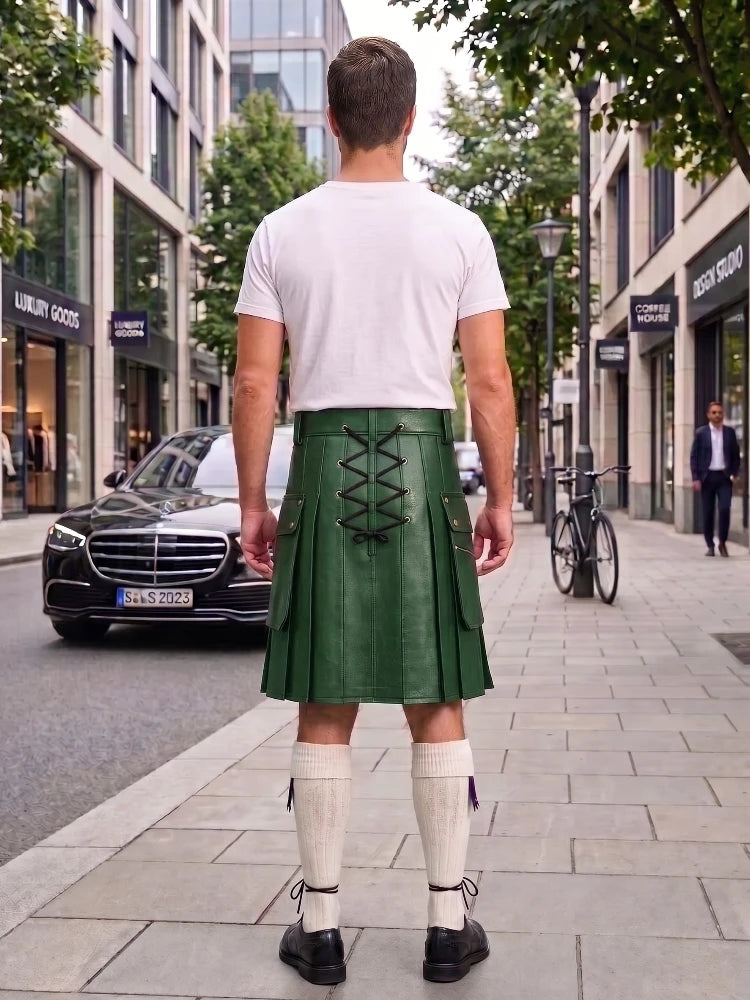 A man viewed from behind wearing a dark green leather kilt with black lace-up detailing, a white t-shirt, white knee-high socks, and black shoes, standing on a city sidewalk.