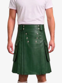 A dark green faux leather kilt with silver-tone metal snap buttons and side flap pockets, worn by a model in a white t-shirt against a light gray background.