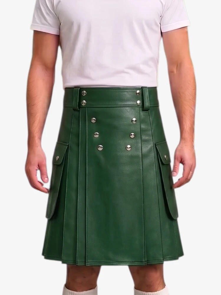 A dark green faux leather kilt with silver-tone metal snap buttons and side flap pockets, worn by a model in a white t-shirt against a light gray background.