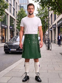 A man stands on a city sidewalk wearing a white crew-neck t-shirt and a dark green pleated leather kilt with silver studs and buckles, paired with white knee-high socks and black leather shoes.