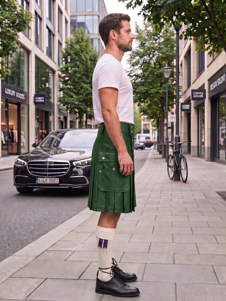 A man standing on a city sidewalk wearing a white crew-neck t-shirt, a green pleated kilt, white socks with purple stripes, and black leather oxford shoes. A black Mercedes-Benz car and a bicycle are parked on the street behind him.