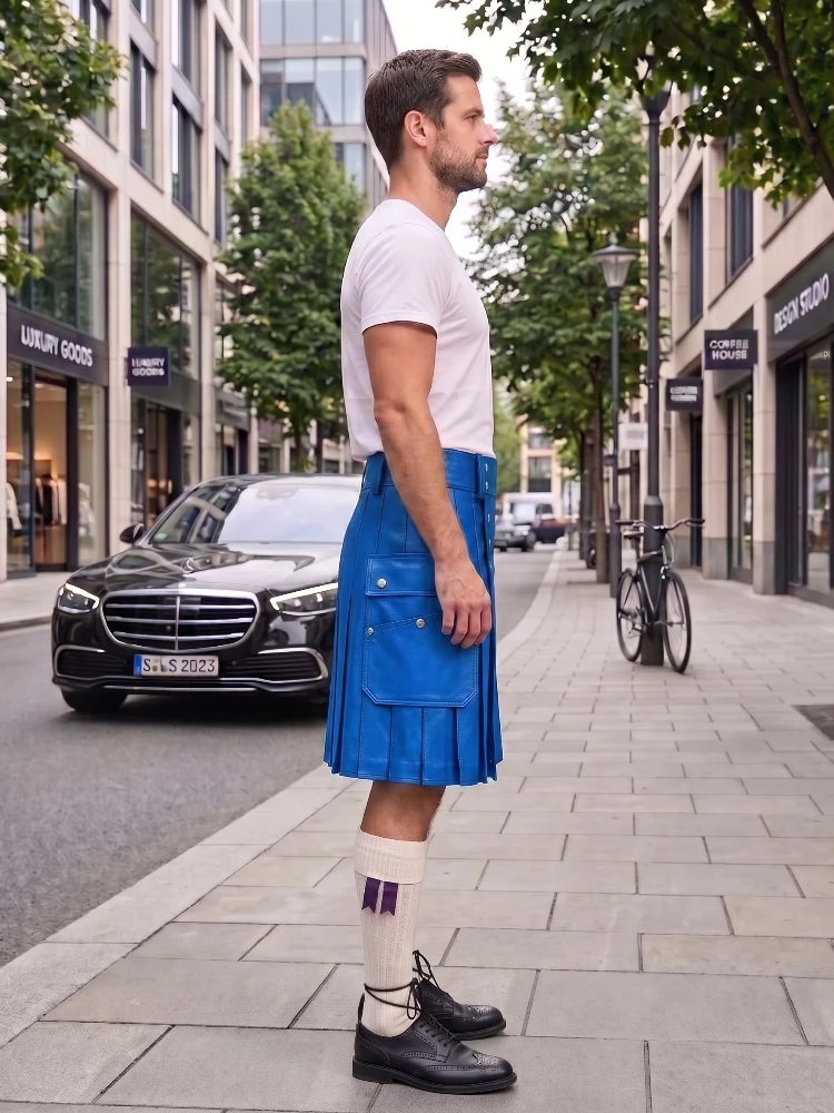 A man standing on a city sidewalk wearing a bright blue pleated kilt, a white t-shirt, white socks, and black leather shoes, with buildings, trees, and parked cars in the background.