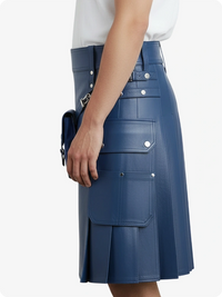Blue leather skirt with white buttons on a white background