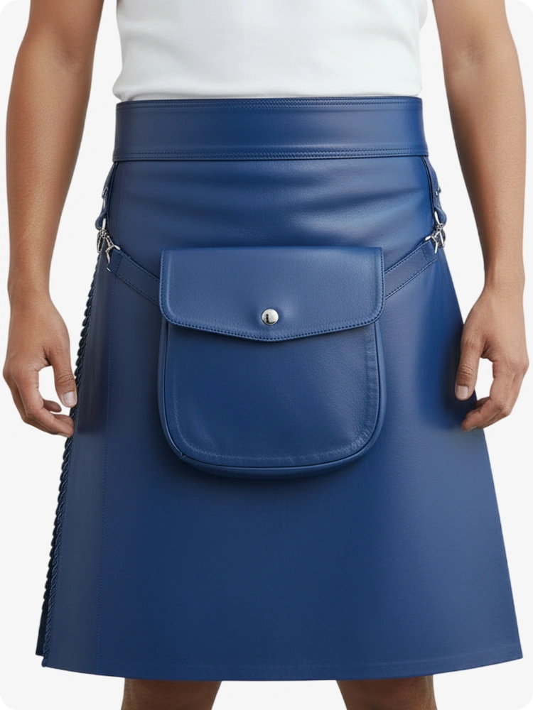 Standard Blue Leather Pleated Kilt with Belt Loops & Side Straps