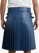 Blue pleated skirt worn by a person on a white background
