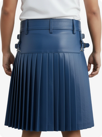 Blue pleated skirt worn by a person on a white background