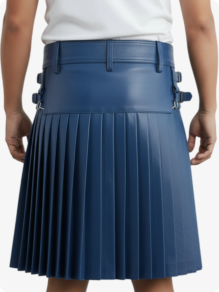 Blue pleated skirt worn by a person on a white background