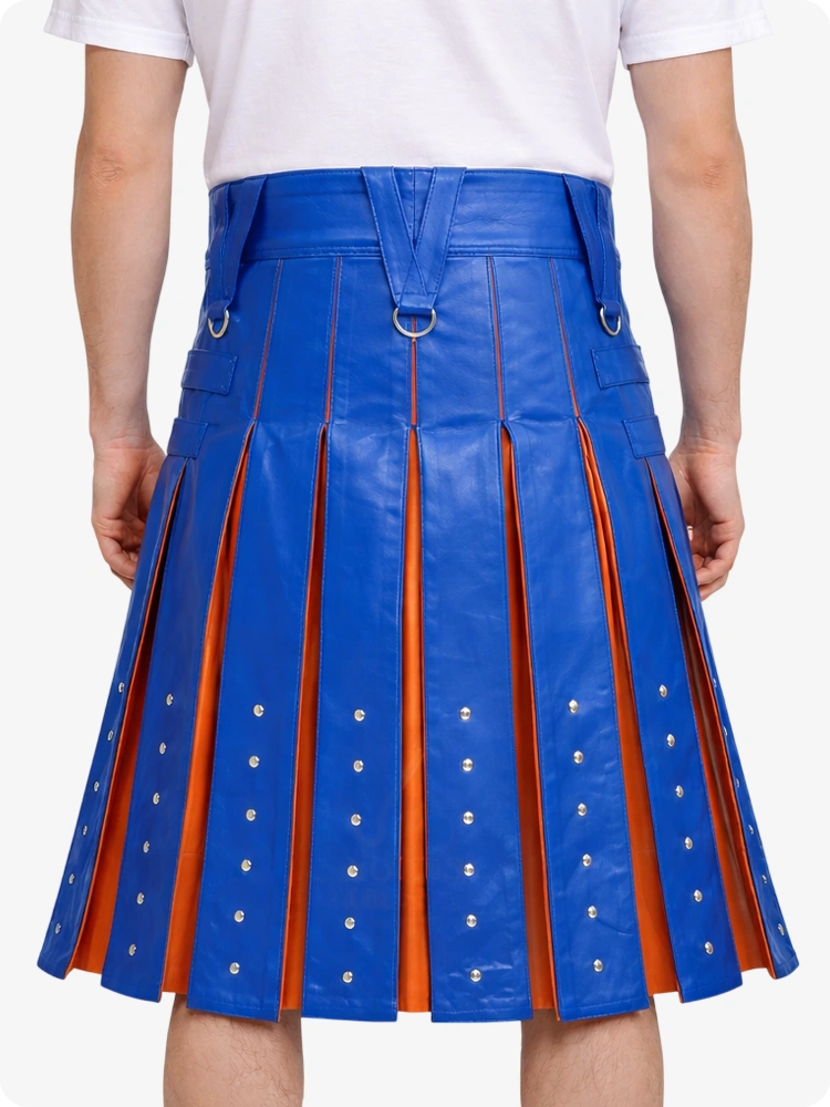 Standard Blue pleated skirt with orange lining worn by a person on a white background