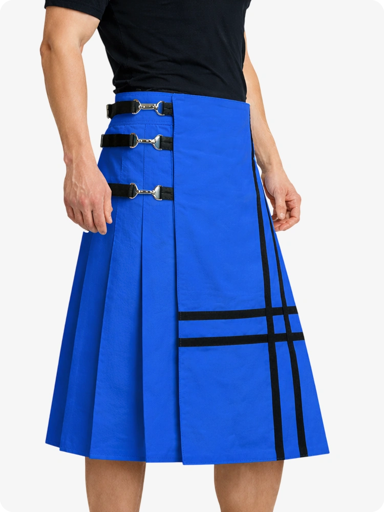 Standard Blue Leather Utility Kilt with Side Buckles & Pleated Back
