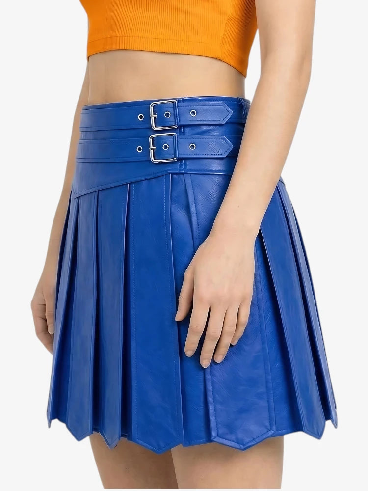 Blue pleated skirt with belt on a white background