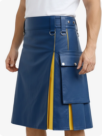 Blue leather skirt with yellow accents worn by a person on a white background