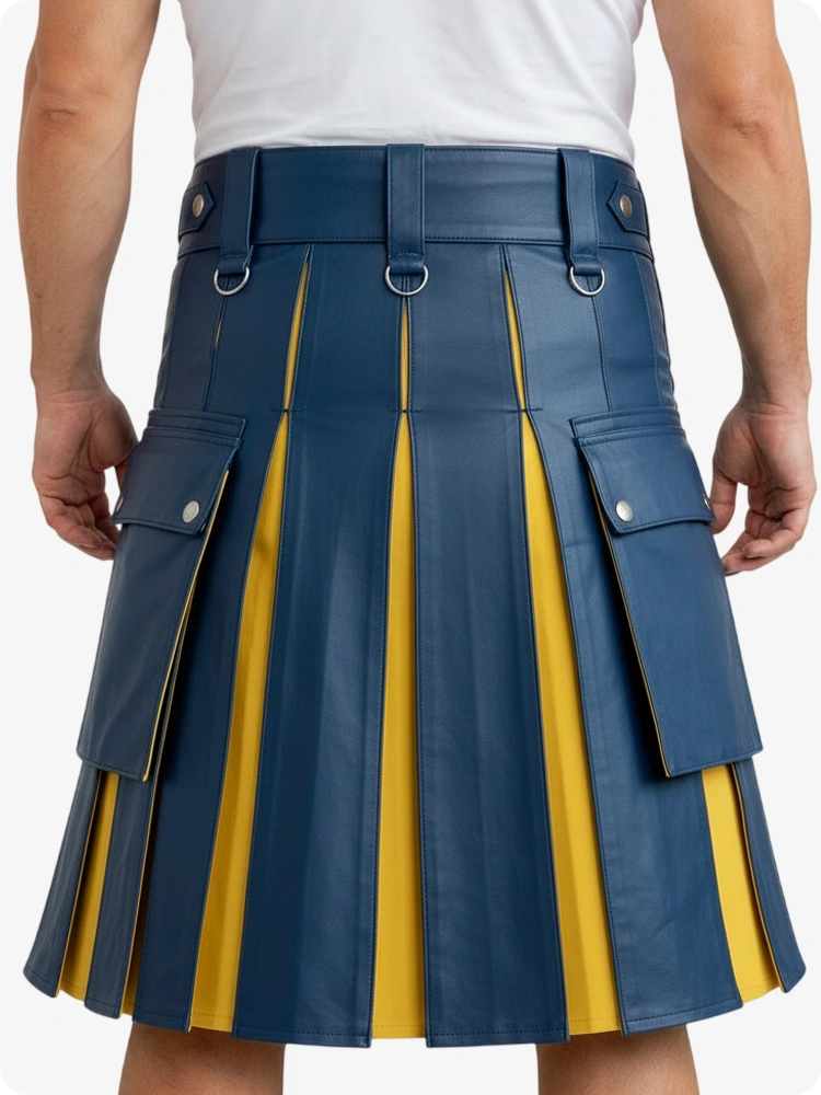Blue and yellow pleated kilt worn by a person on a white background