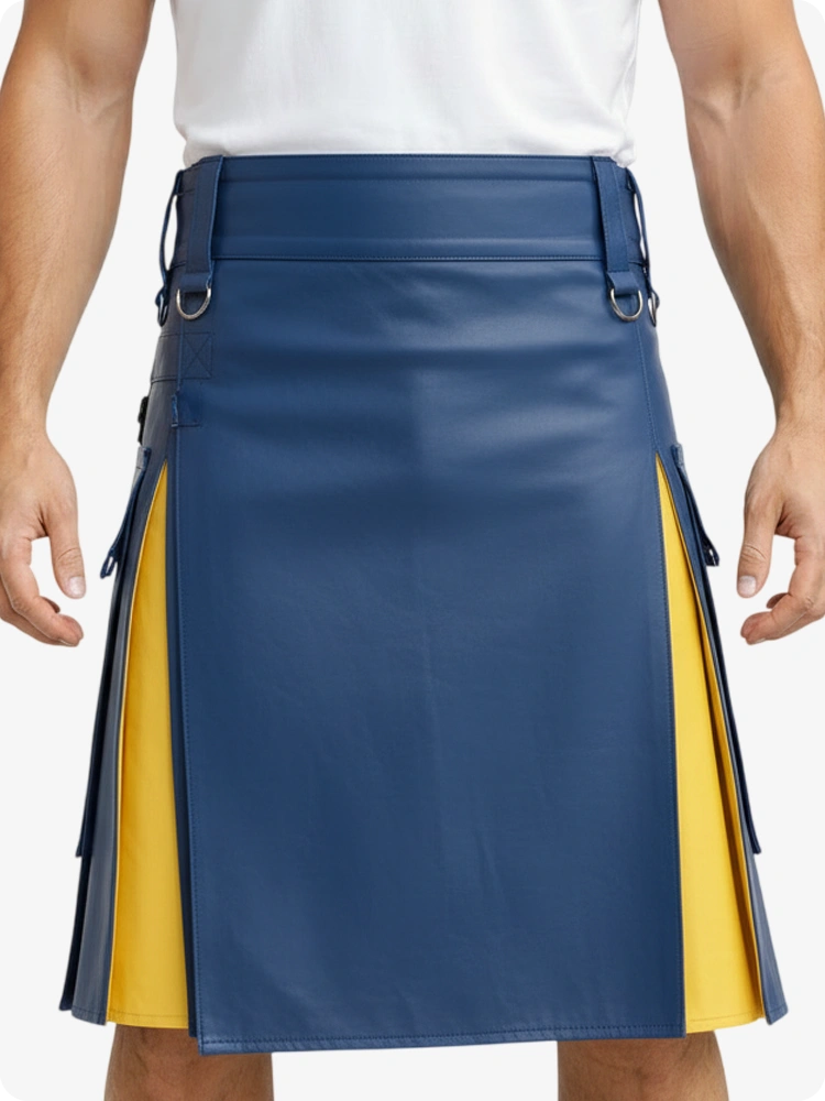 Person wearing a blue and yellow kilt on a white background