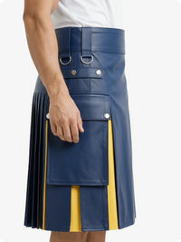 Blue leather kilt with yellow accents on a white background