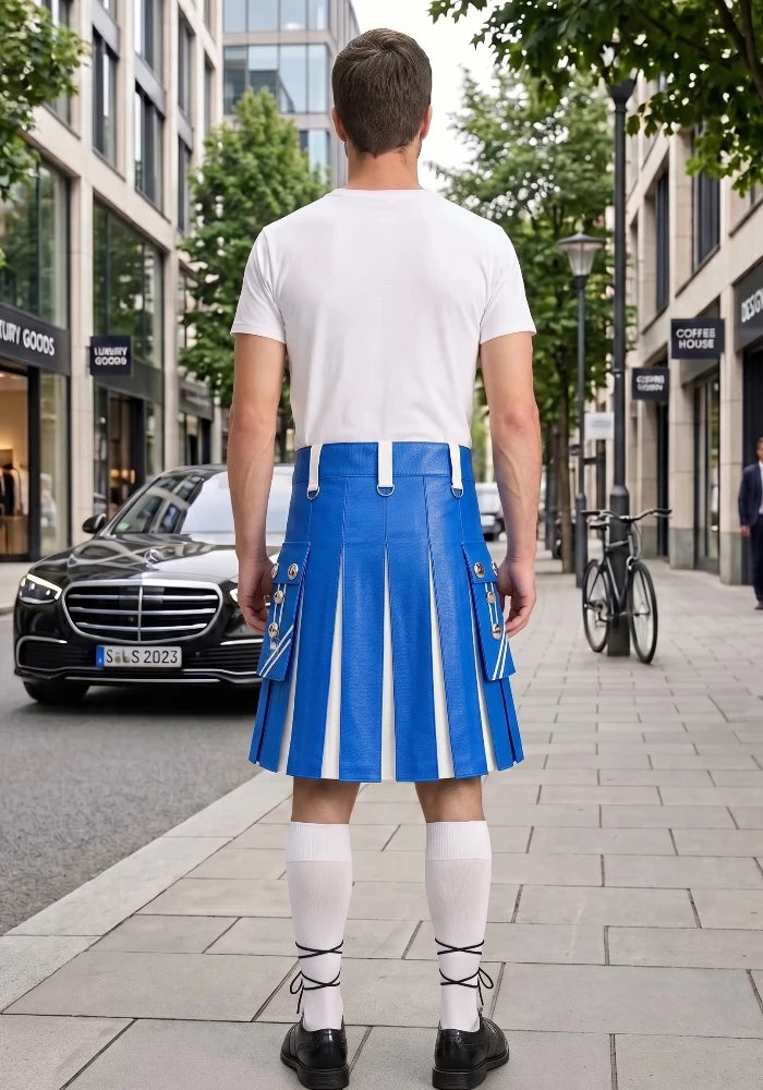 Standard Blue and White Leather Hybrid Utility Kilt back side