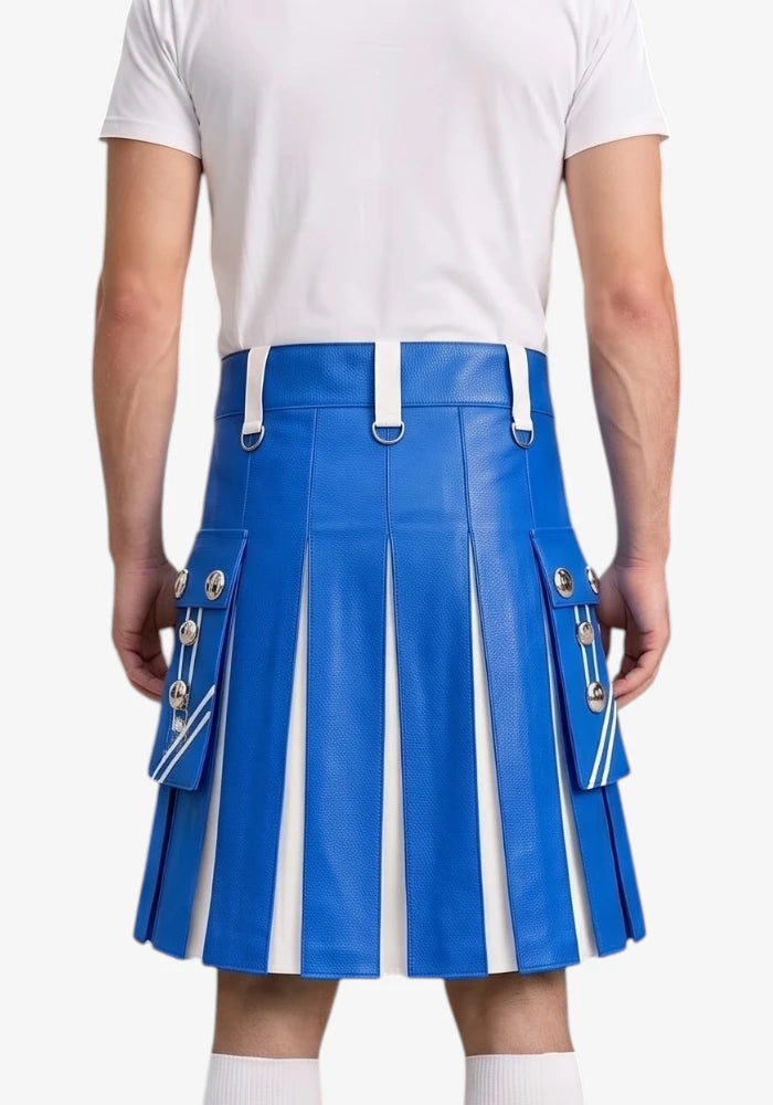 Standard Blue and White Leather Hybrid Utility Kilt back view