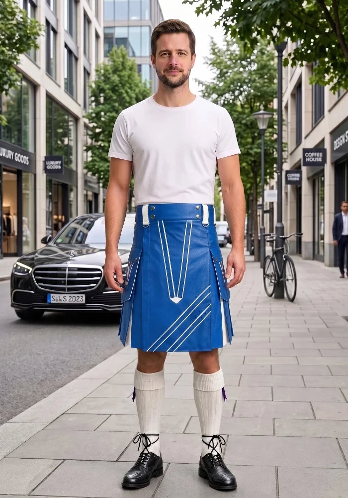 Standard Blue and White Leather Hybrid Utility Kilt