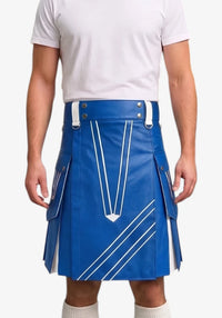 Standard Blue and White Leather Hybrid Utility Kilt front view