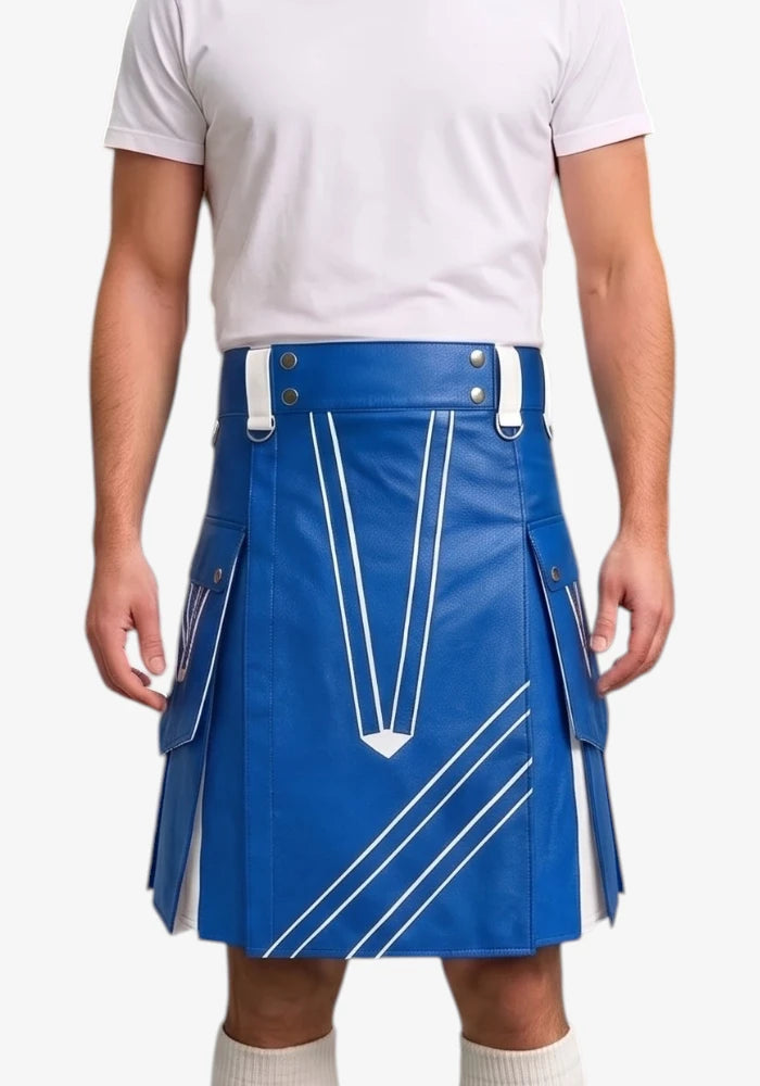 Standard Blue and White Leather Hybrid Utility Kilt front view