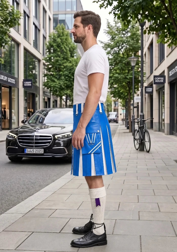 Standard Blue and White Leather Hybrid Utility Kilt left side