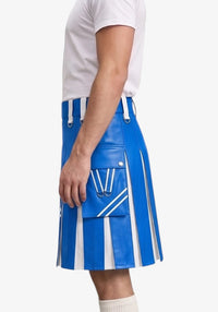 Standard Blue and White Leather Hybrid Utility Kilt left view