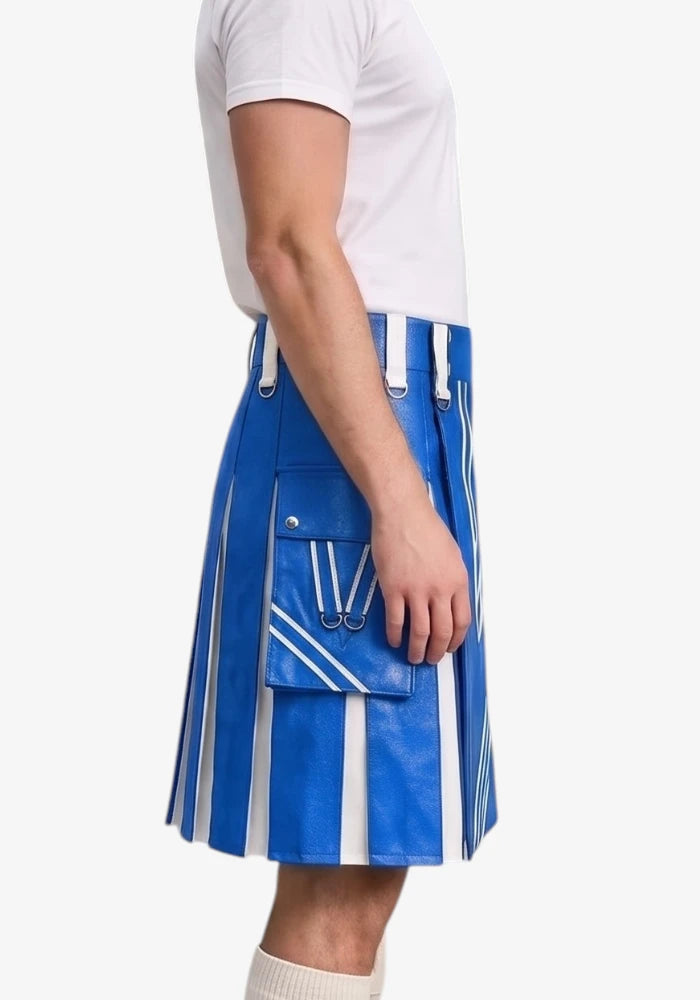 Standard Blue and White Leather Hybrid Utility Kilt right view