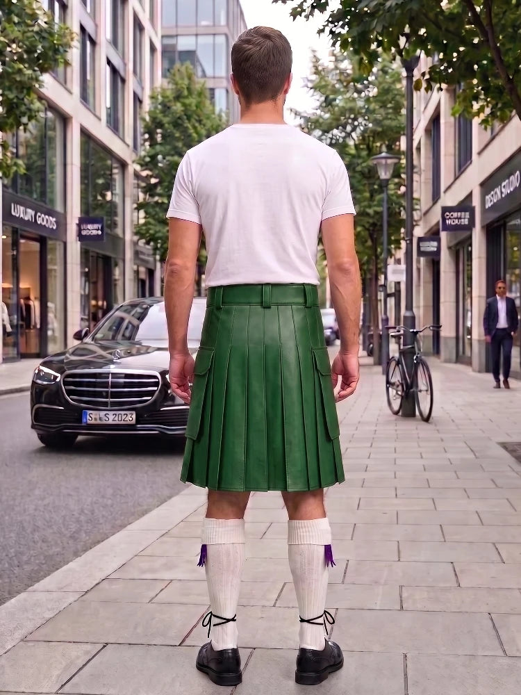 Standard Green Leather Kilt For Men Tactical Utility Kilts