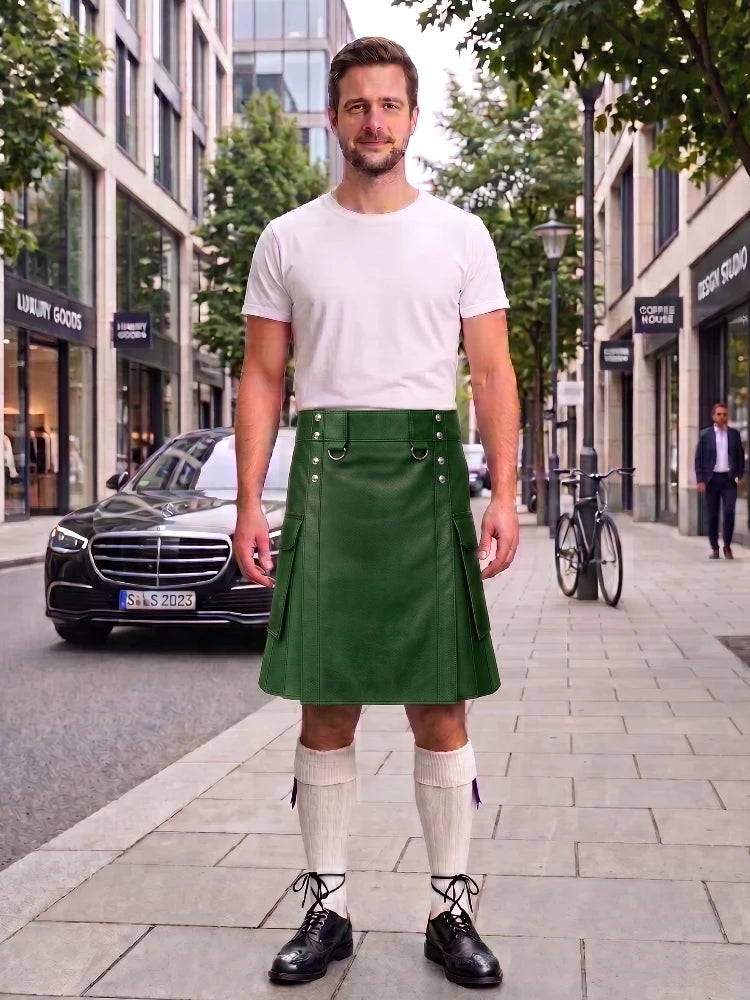 Standard Green Leather Kilt For Men Tactical Utility Kilts