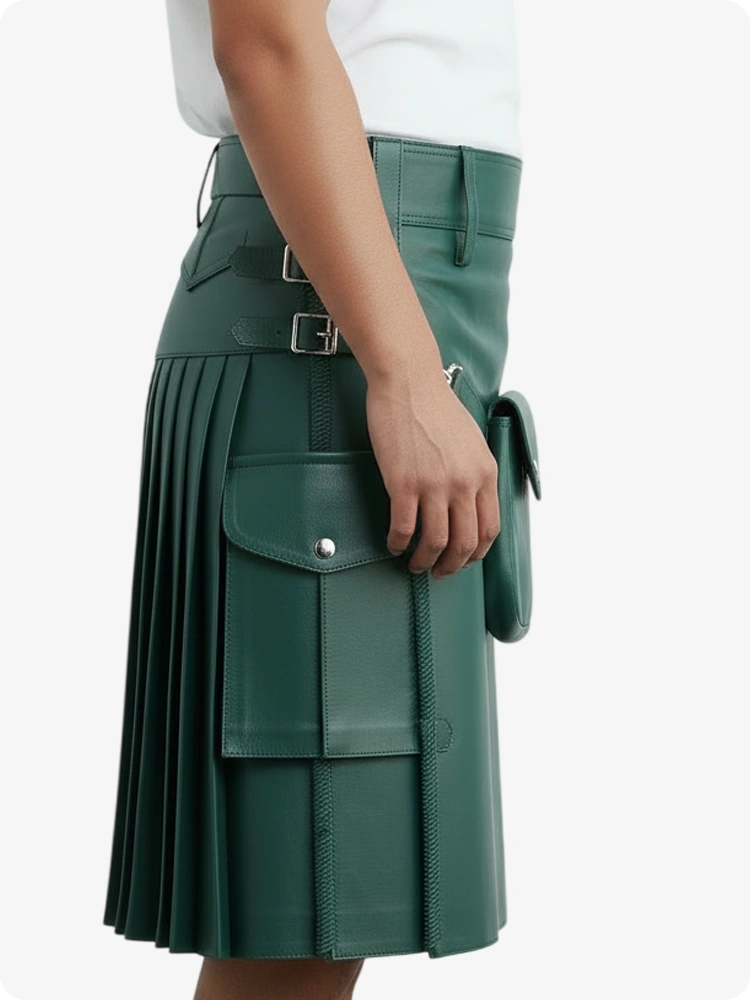 Standard Green Leather Pleated Kilt with Belt Loops & Side Straps