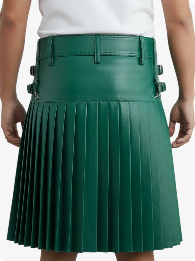 Green pleated skirt worn by a person on a white background
