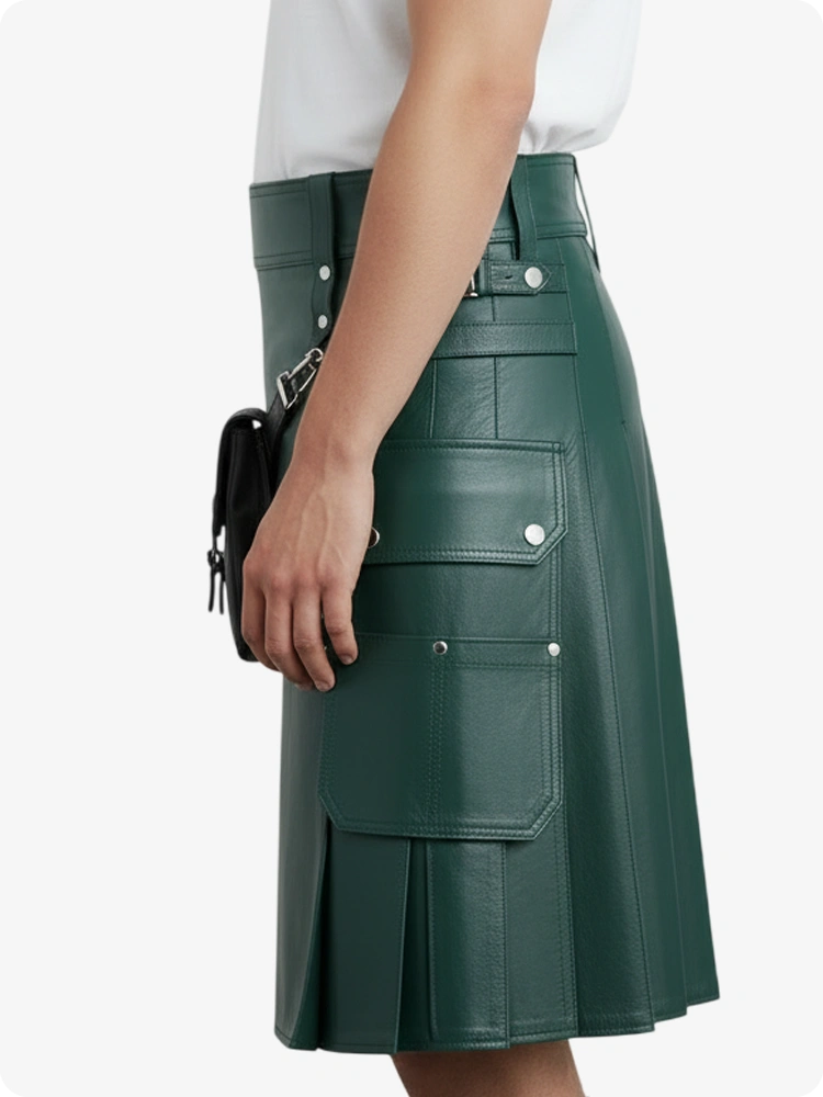 Green leather skirt worn by a person on a white background